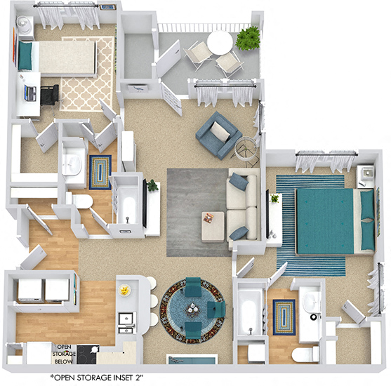 Floor plan for 2 beds, 2 baths, 1102 sqft